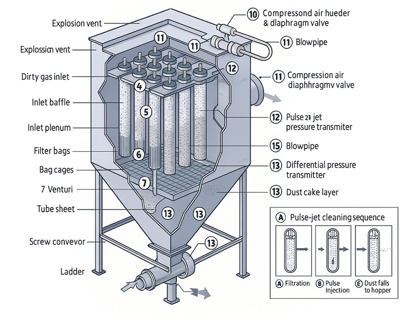 Diagram of pulse jet baghouse system